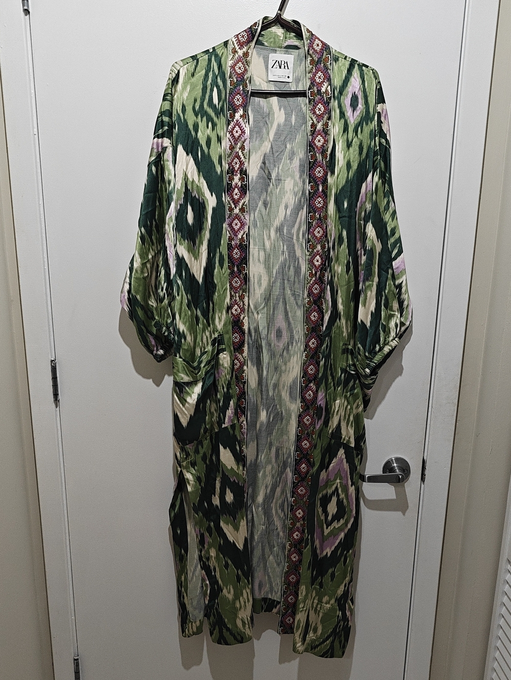 ZARA Green Ikat-Print Open Duster with Embroidered Trim